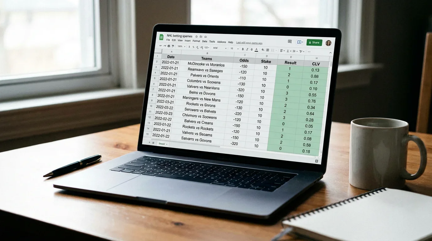 Detailed spreadsheet logging NHL bets with date odds stake result and CLV columns