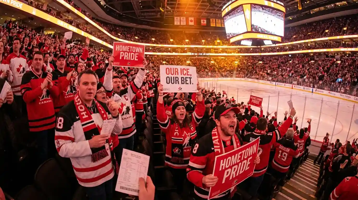 Canadian hockey fans in jerseys watching a game representing hometown bias