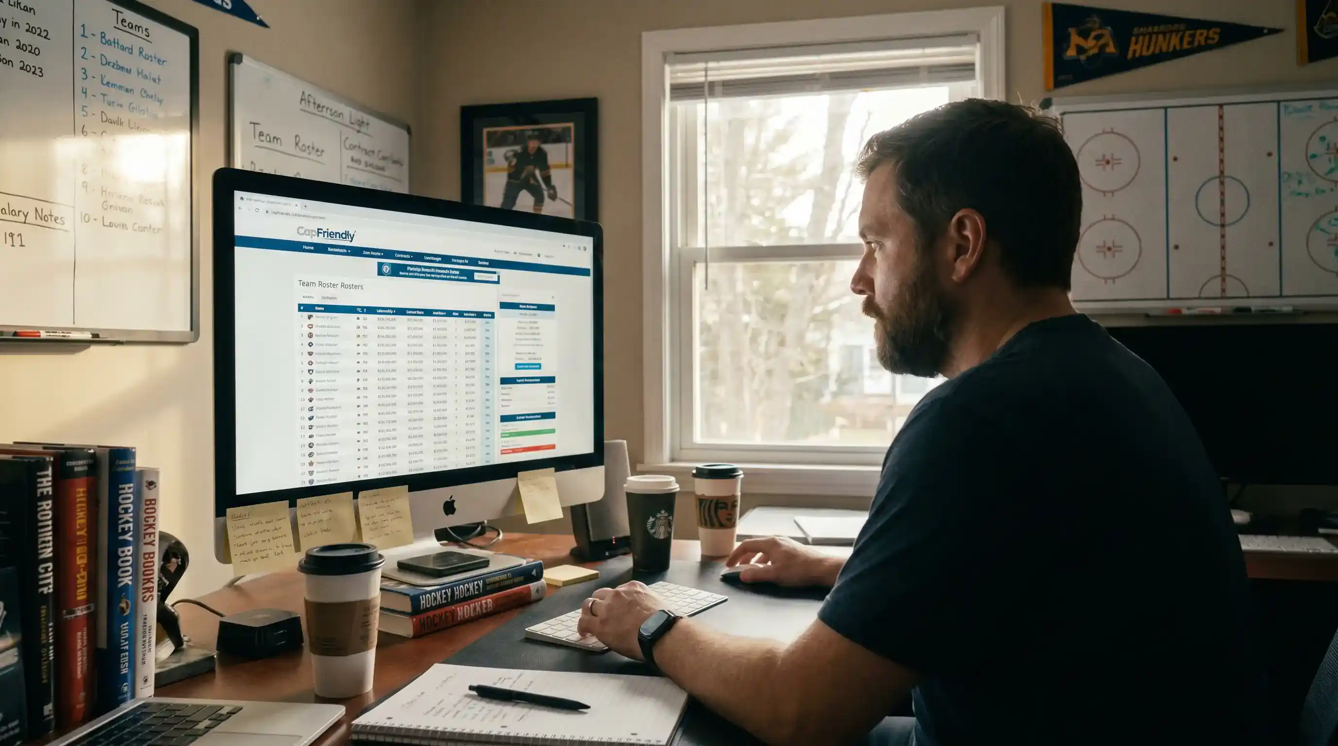 Analyst reviewing NHL salary cap data and roster projections on computer screen