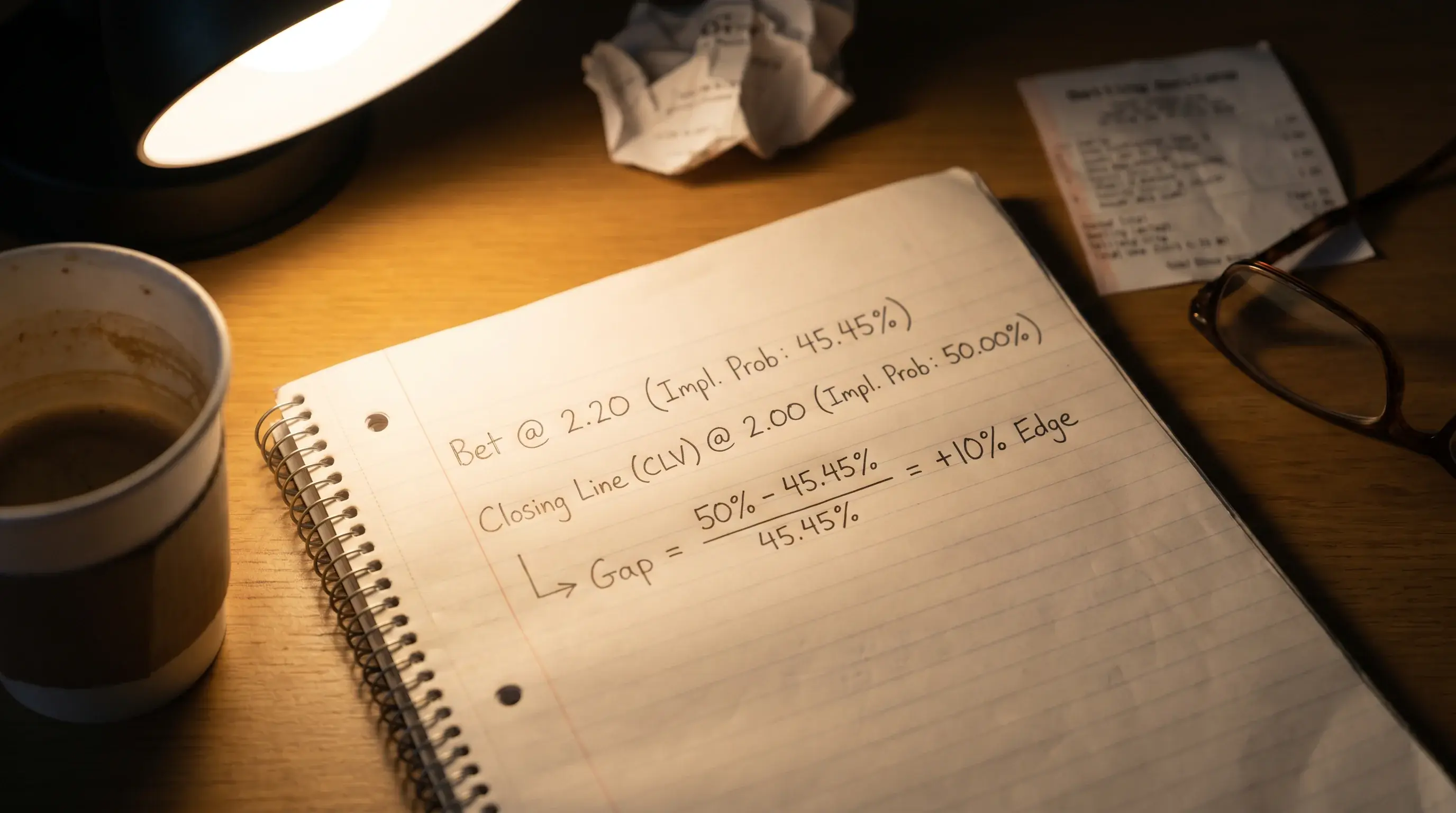 Written CLV calculation showing bet at 2.20 versus closing line at 2.00 with percentage