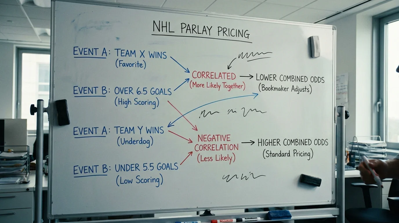 Whiteboard diagram showing how correlated NHL outcomes affect parlay pricing