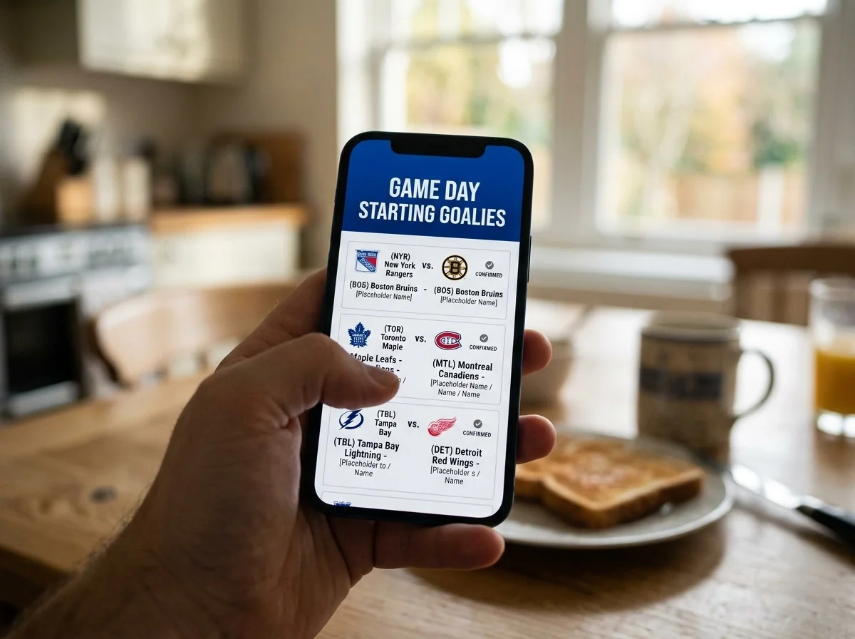 Smartphone displaying NHL starting goalie confirmation page on game day