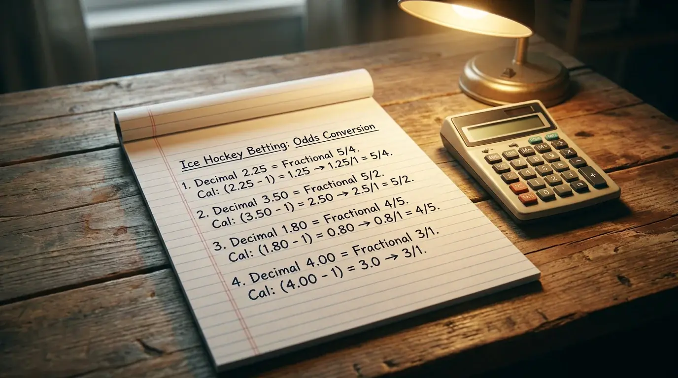Notepad with decimal and fractional odds conversion examples for NHL betting