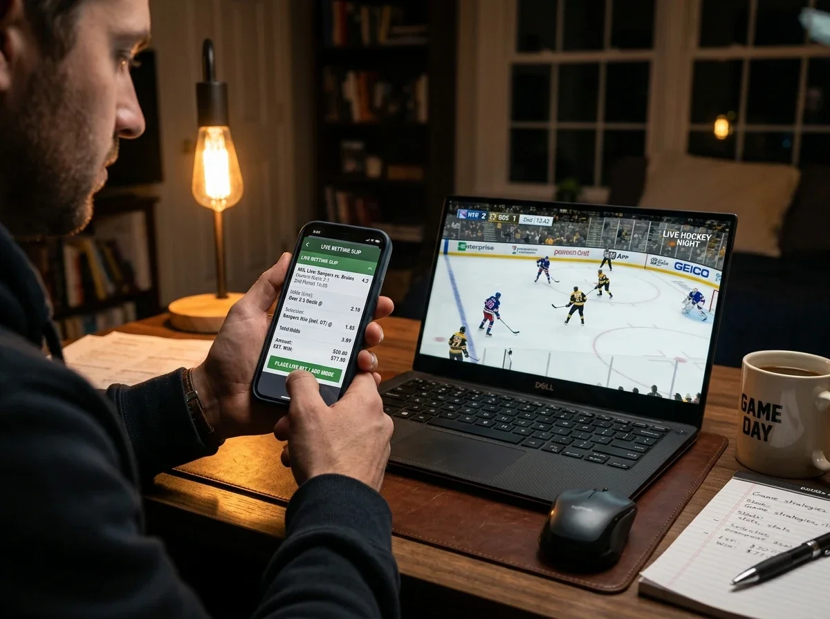 Setup with NHL live stream on one screen and betting slip on phone for in-play wagers