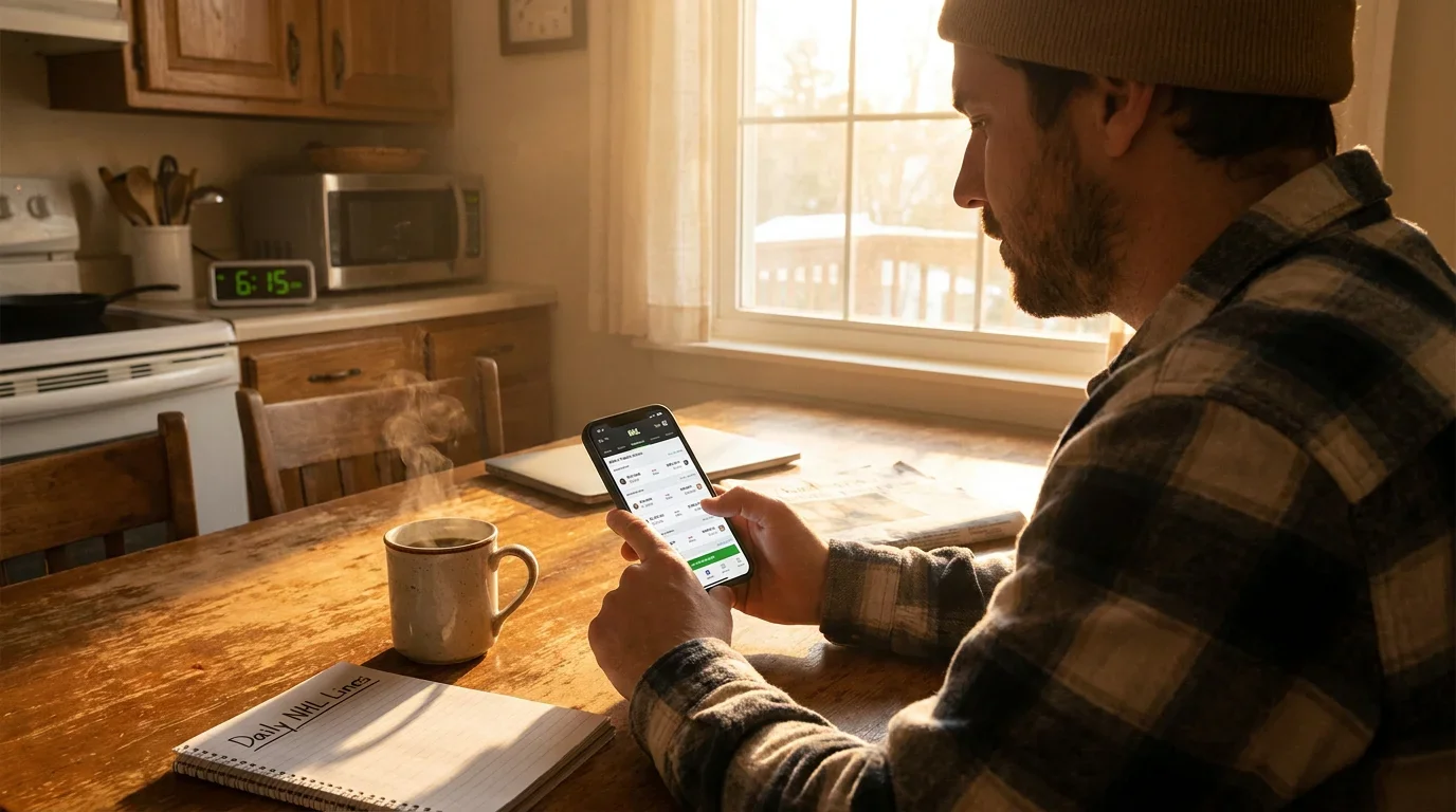 Person placing NHL bet on phone early in the day to capture opening line value