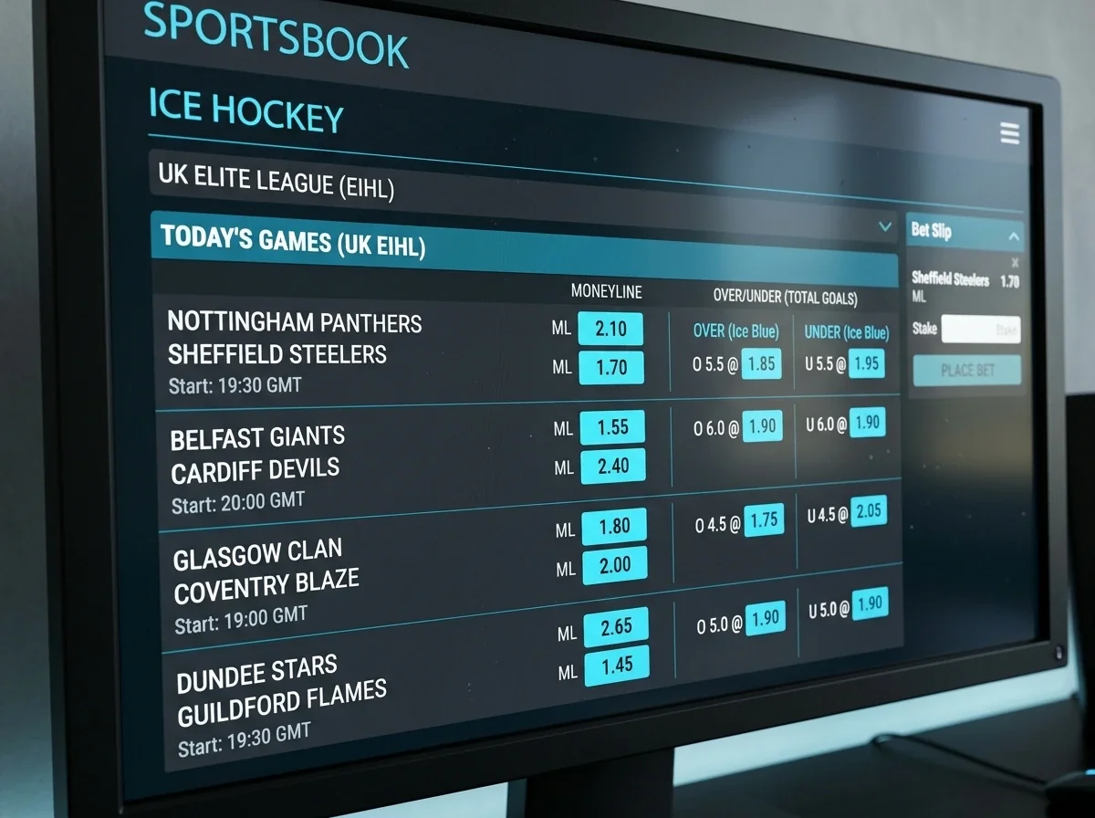 Bookmaker screen showing available EIHL moneyline and totals betting markets