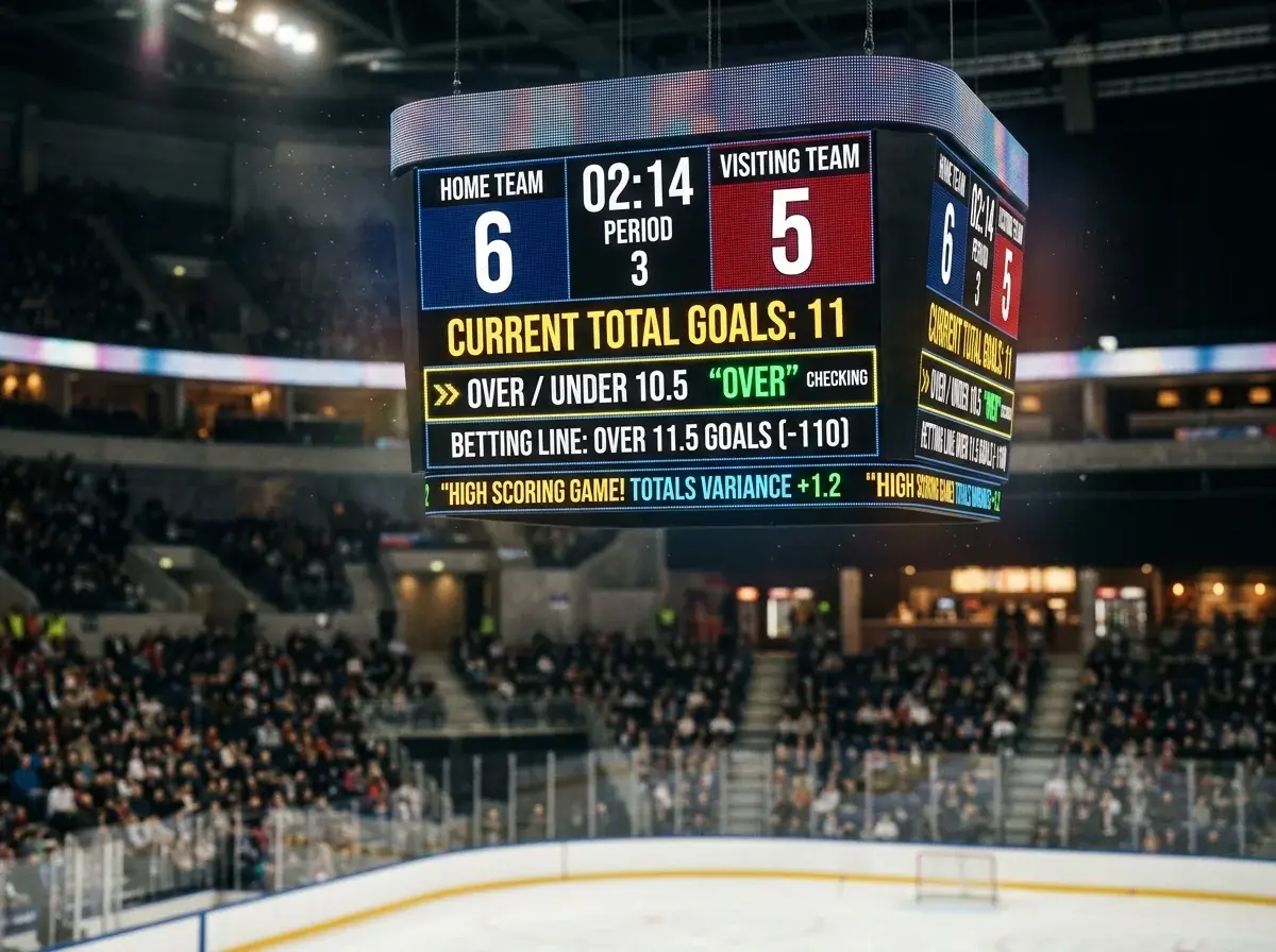 Scoreboard showing a high-scoring EIHL game highlighting totals betting opportunity