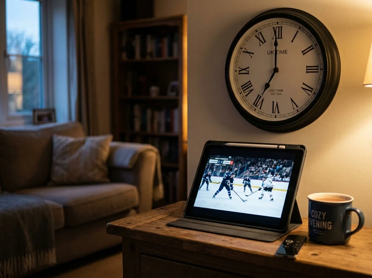 Clock showing 7 PM UK time with European hockey game starting on screen
