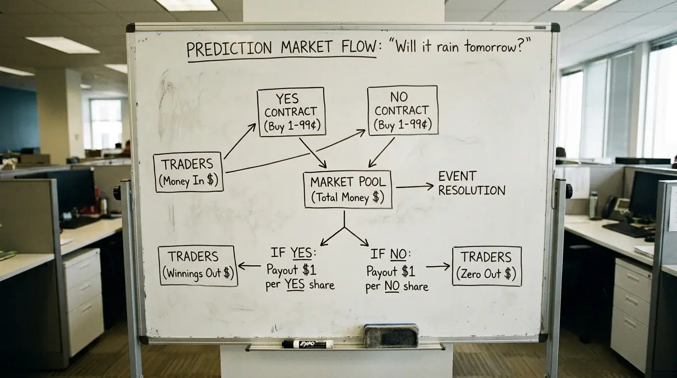 Simple diagram showing how Yes and No contracts work in a prediction market