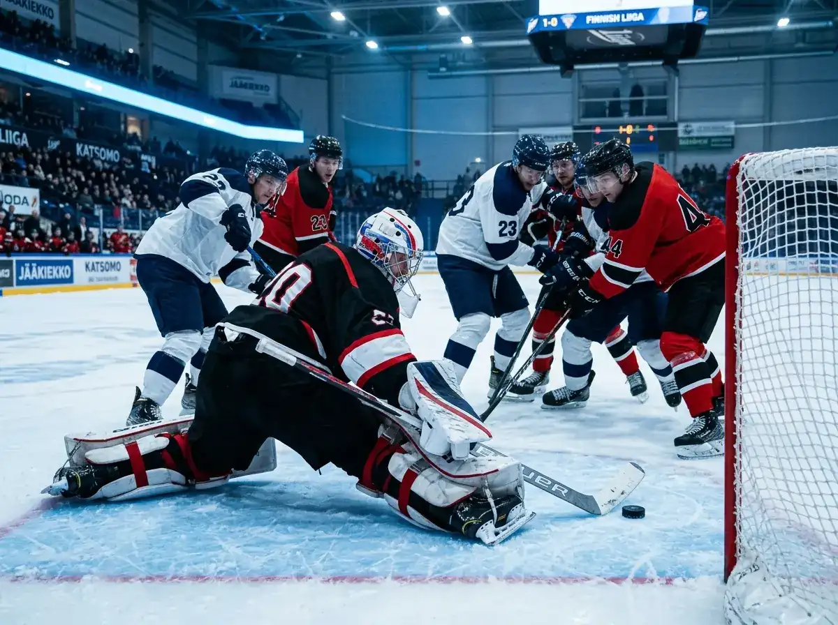 Finnish Liiga goaltender making a save in a low-scoring defensive game