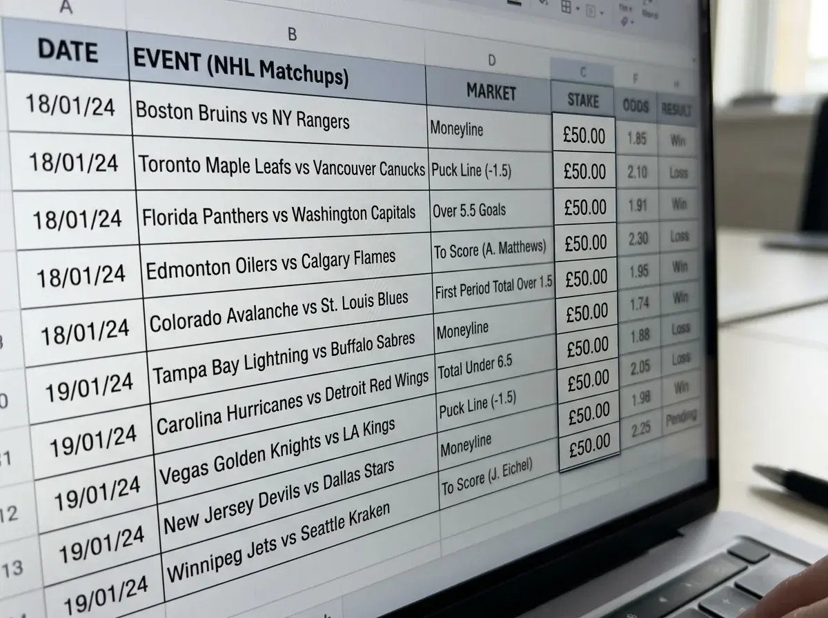 Spreadsheet column showing identical flat stake amounts across multiple NHL bets