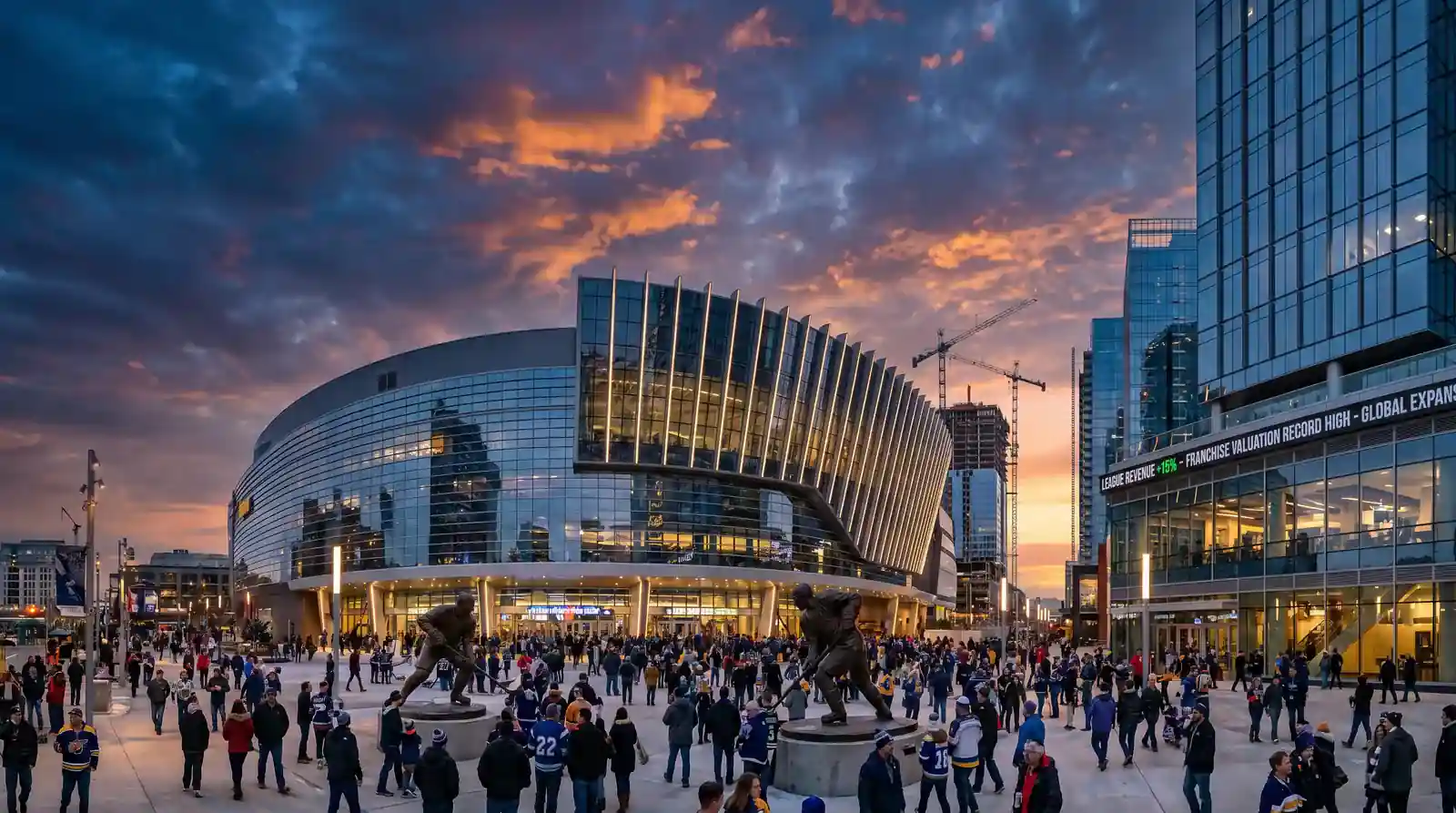 Modern NHL arena exterior representing growing franchise values and league revenue