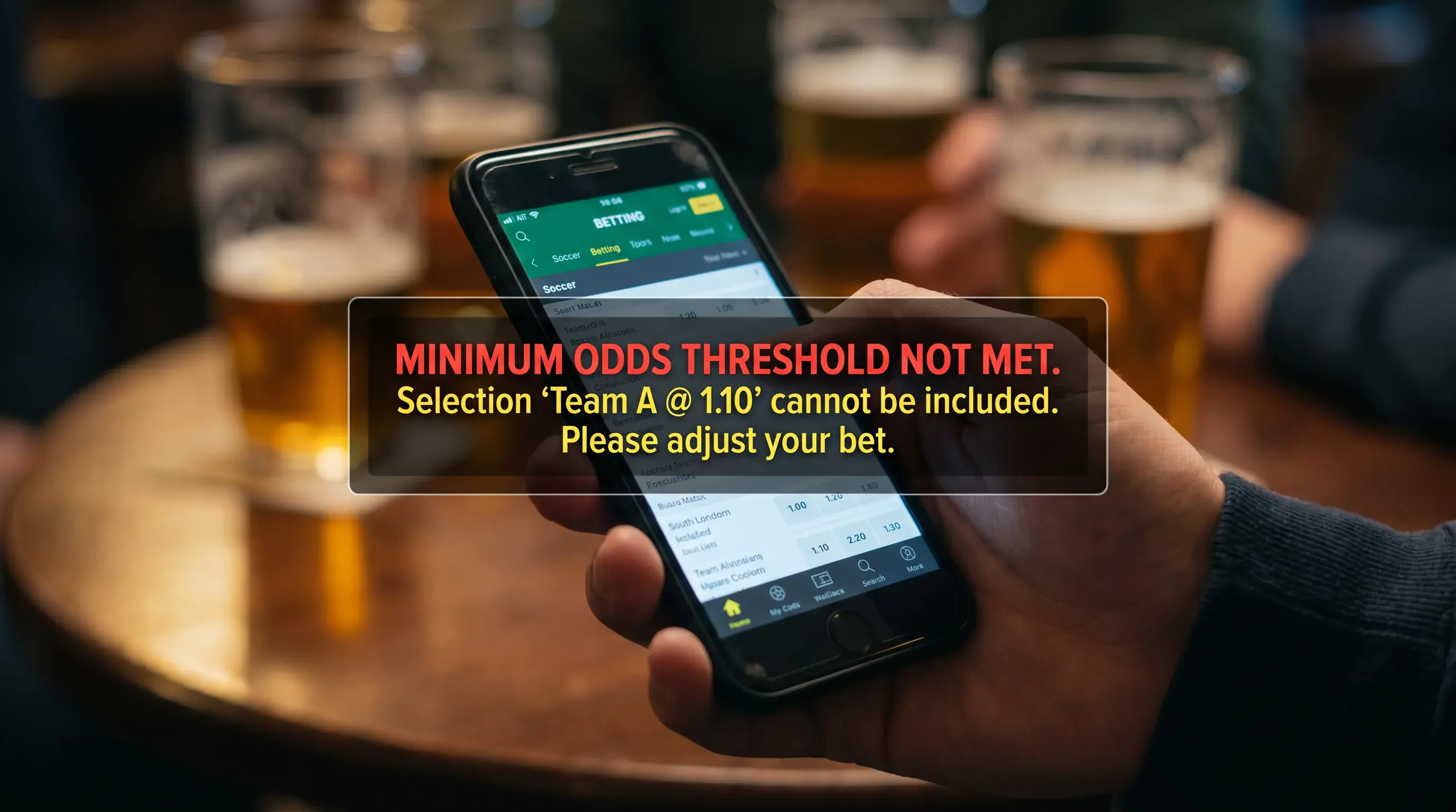 Betting app showing minimum odds threshold blocking a short-priced NHL favourite