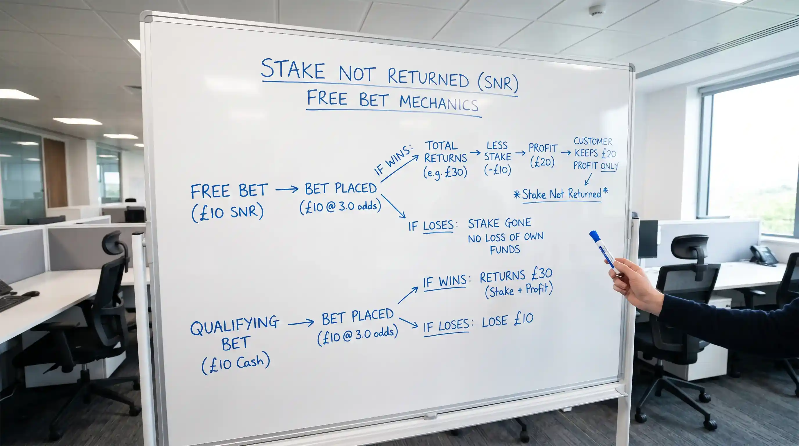 Diagram showing how stake-not-returned free bet mechanics work with GBP example