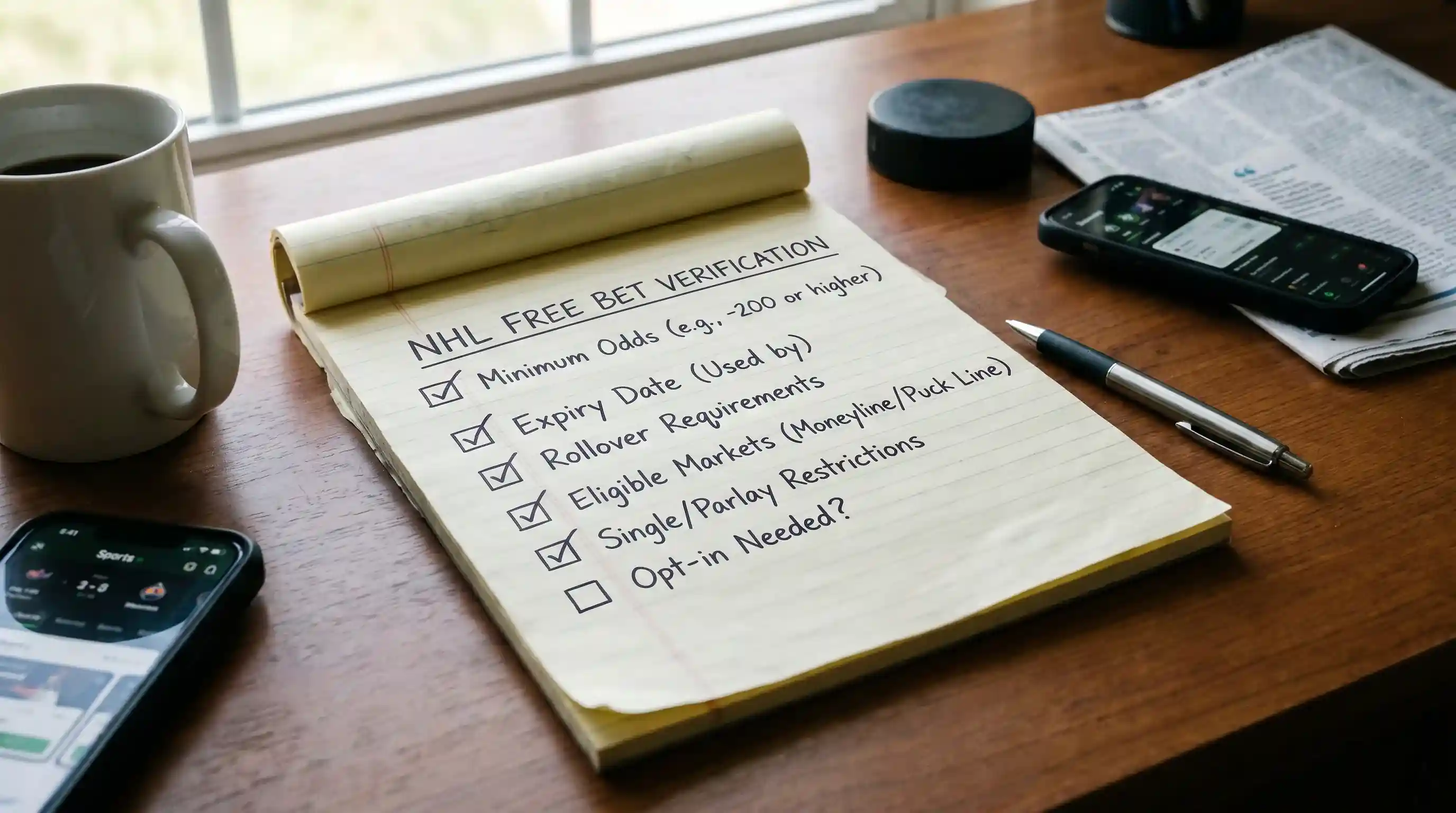 Notepad listing key terms to check before claiming an NHL free bet offer