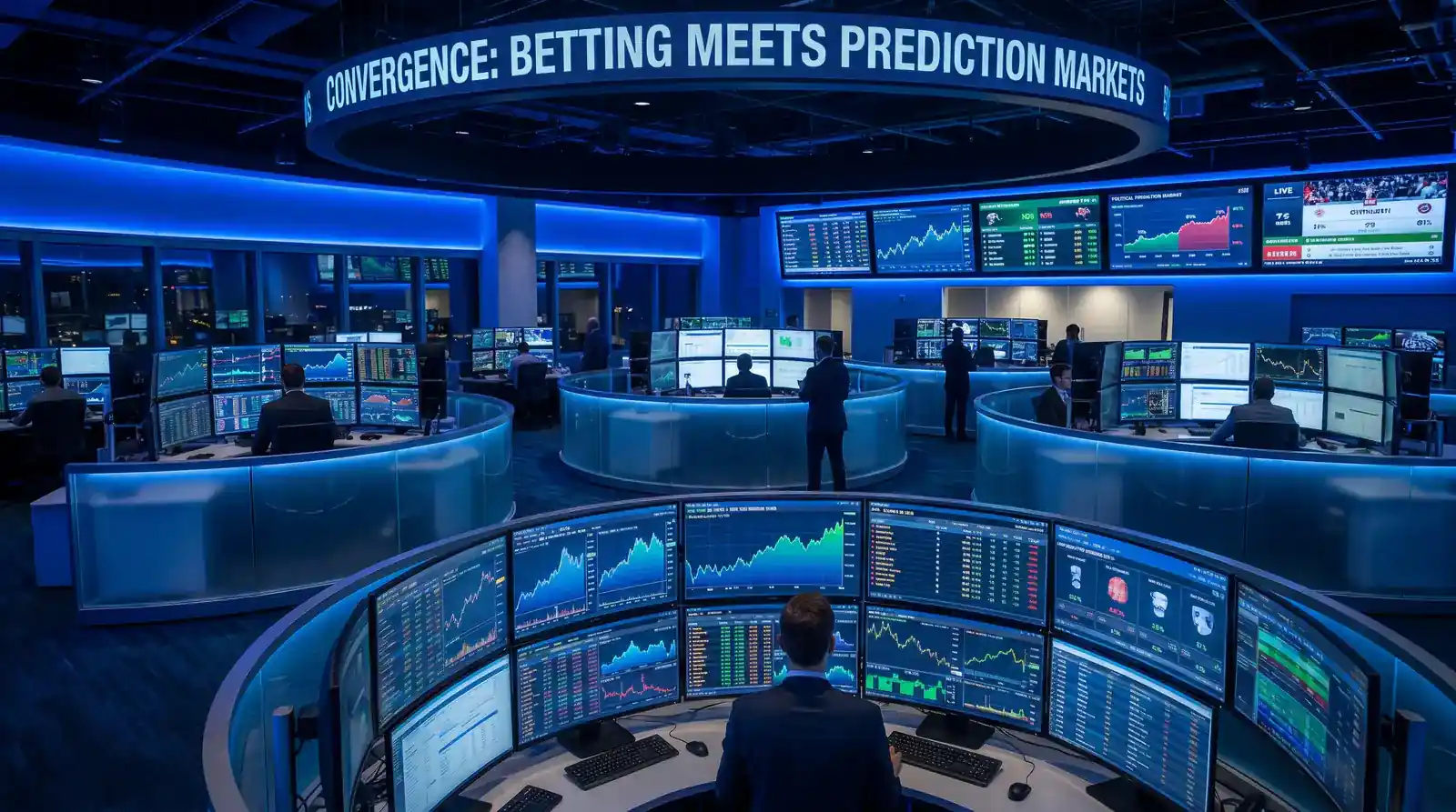 Modern trading floor aesthetic representing convergence of betting and prediction markets