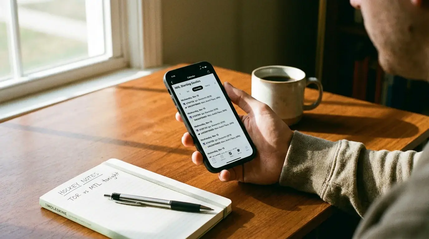 Person checking NHL starting goalie confirmation on a sports news app