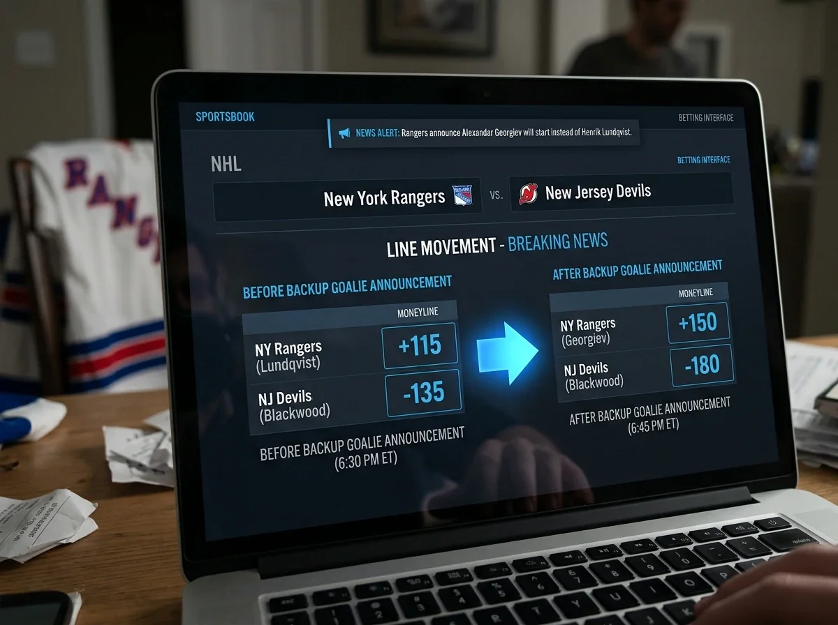 Screen showing NHL moneyline movement after backup goaltender announcement