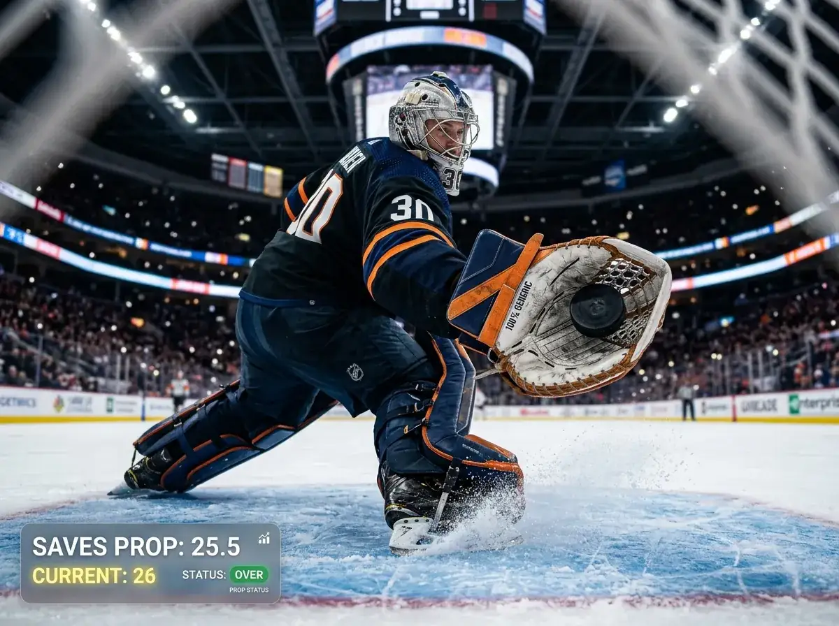 NHL goaltender catching a puck with saves counter overlay for prop betting