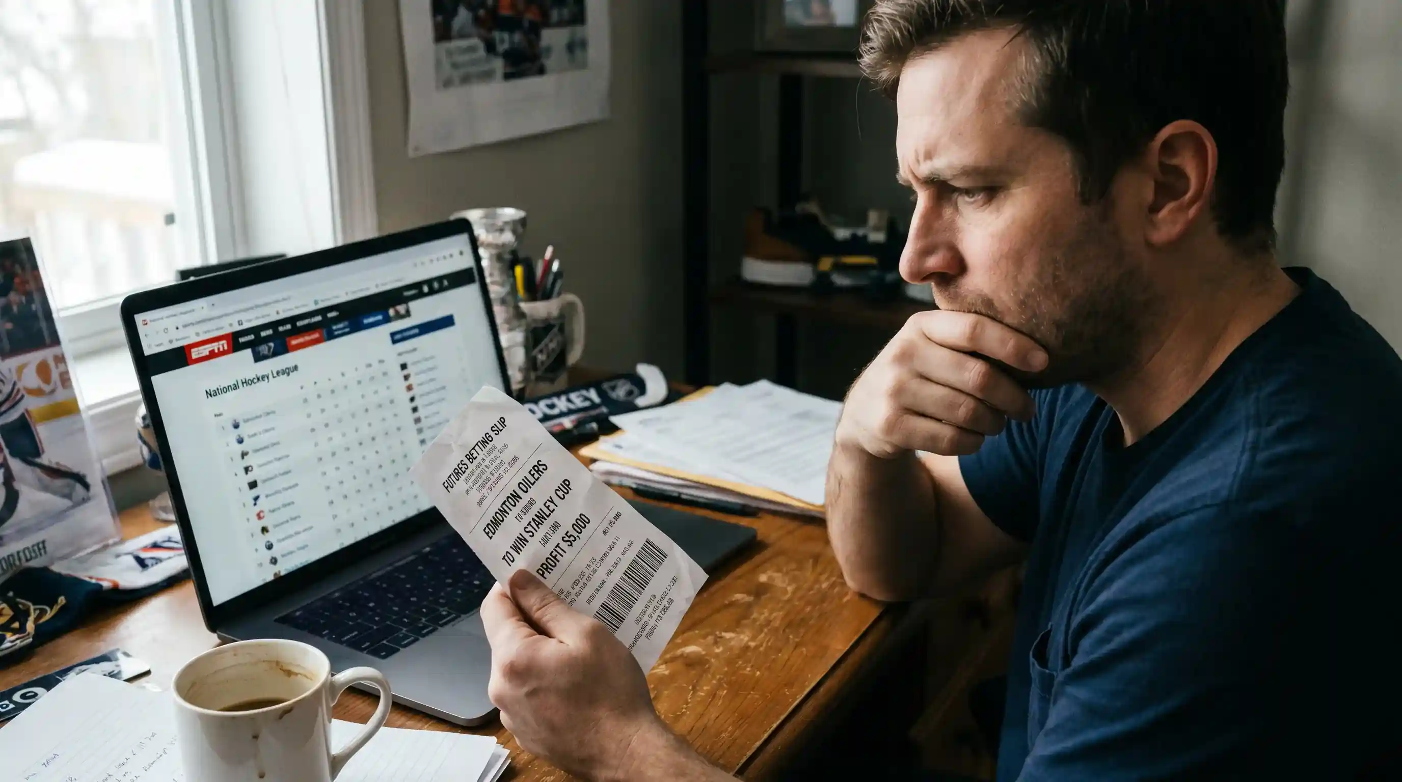 Person reviewing mid-season NHL standings and weighing hedge versus hold on futures