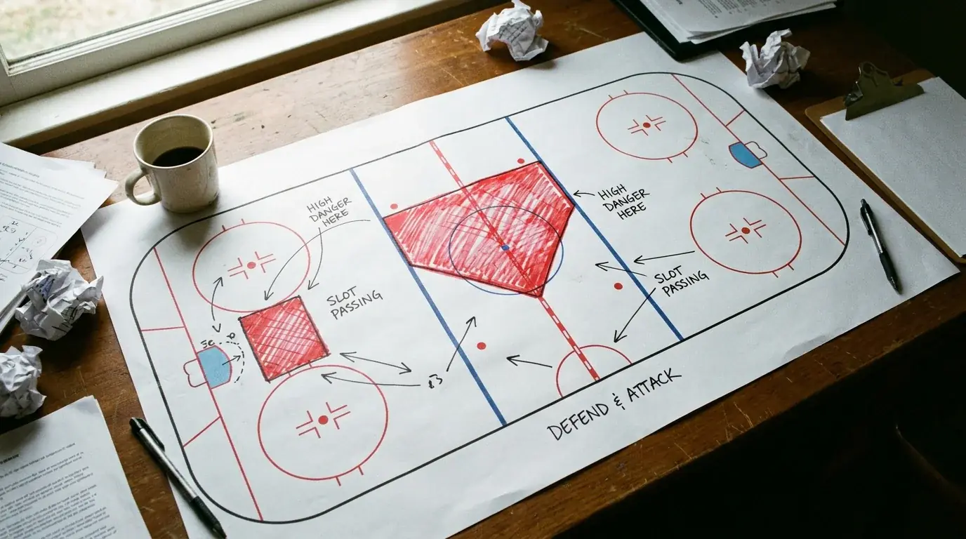 Ice hockey rink diagram highlighting the high-danger scoring chance area
