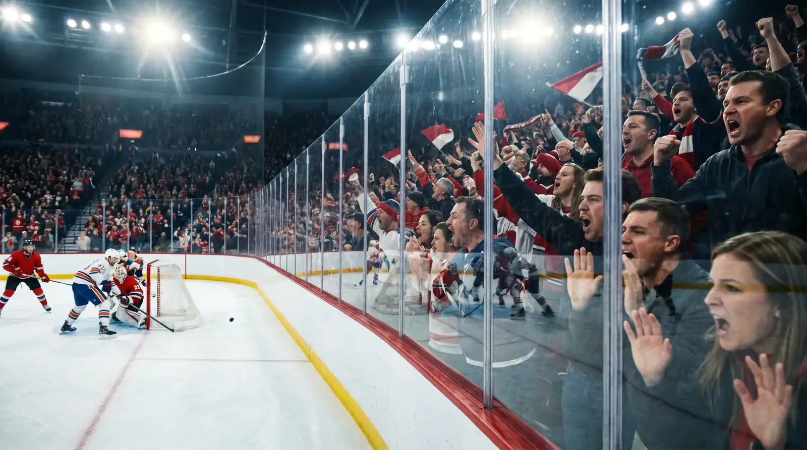 Intense hockey crowd standing and cheering behind the home team goal