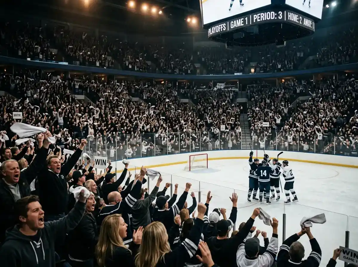 Home crowd erupting during Game 1 of an NHL playoff series at a packed arena
