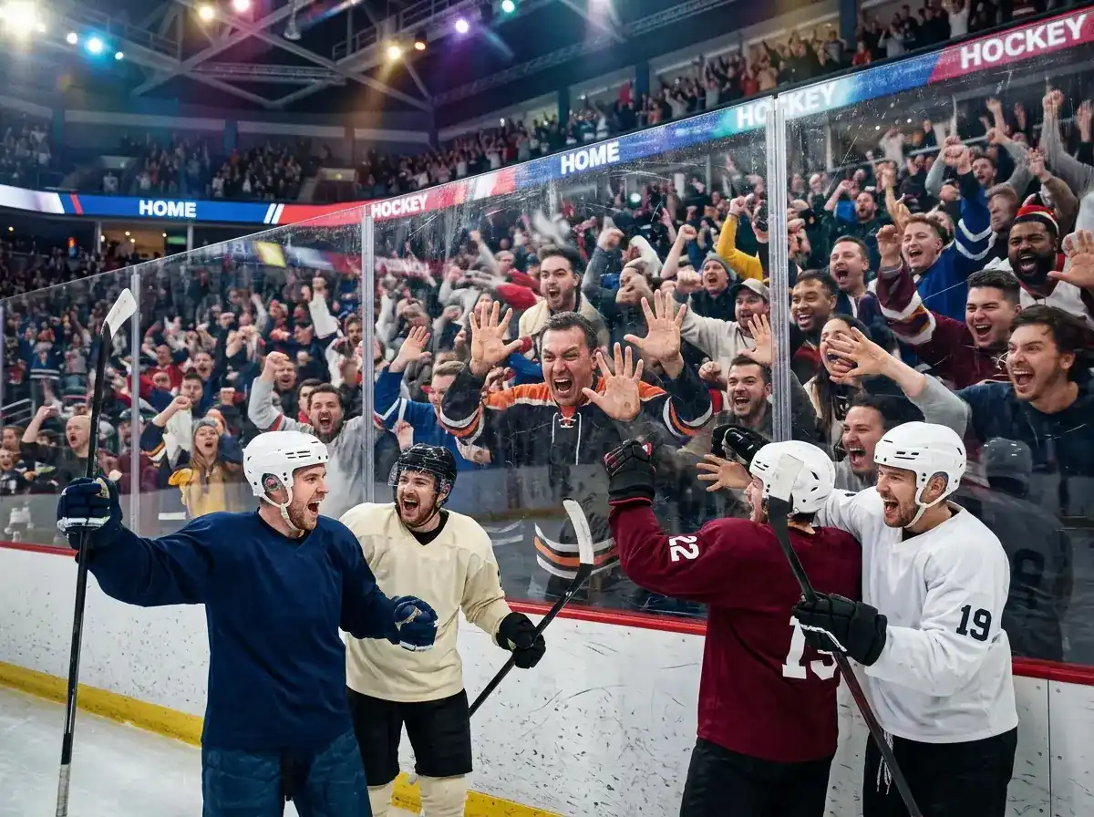 Ice hockey home crowd cheering behind the glass during an underdog rally
