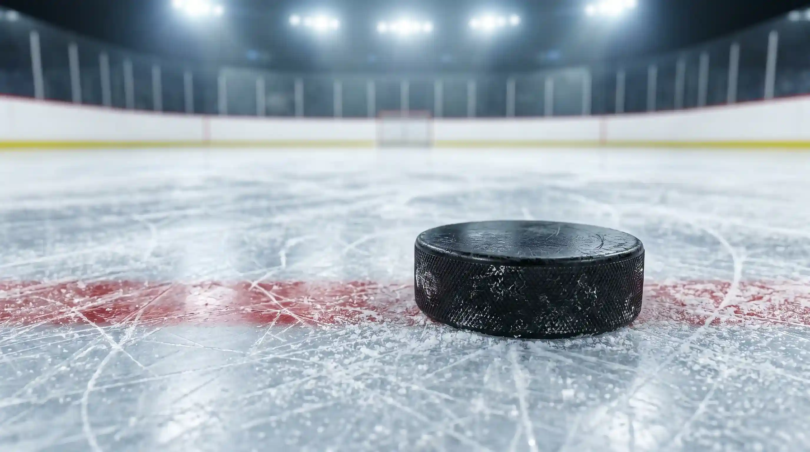 Close-up of an ice hockey puck resting on a freshly resurfaced rink with skate marks visible on the ice
