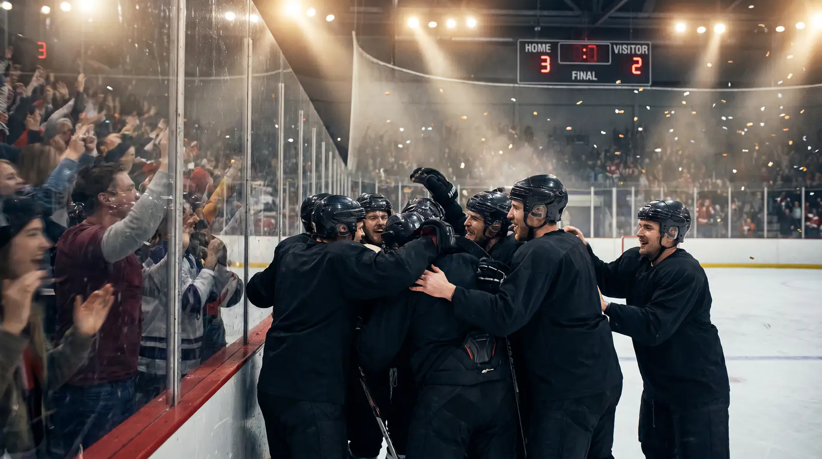 Ice hockey players celebrating an upset victory on home ice