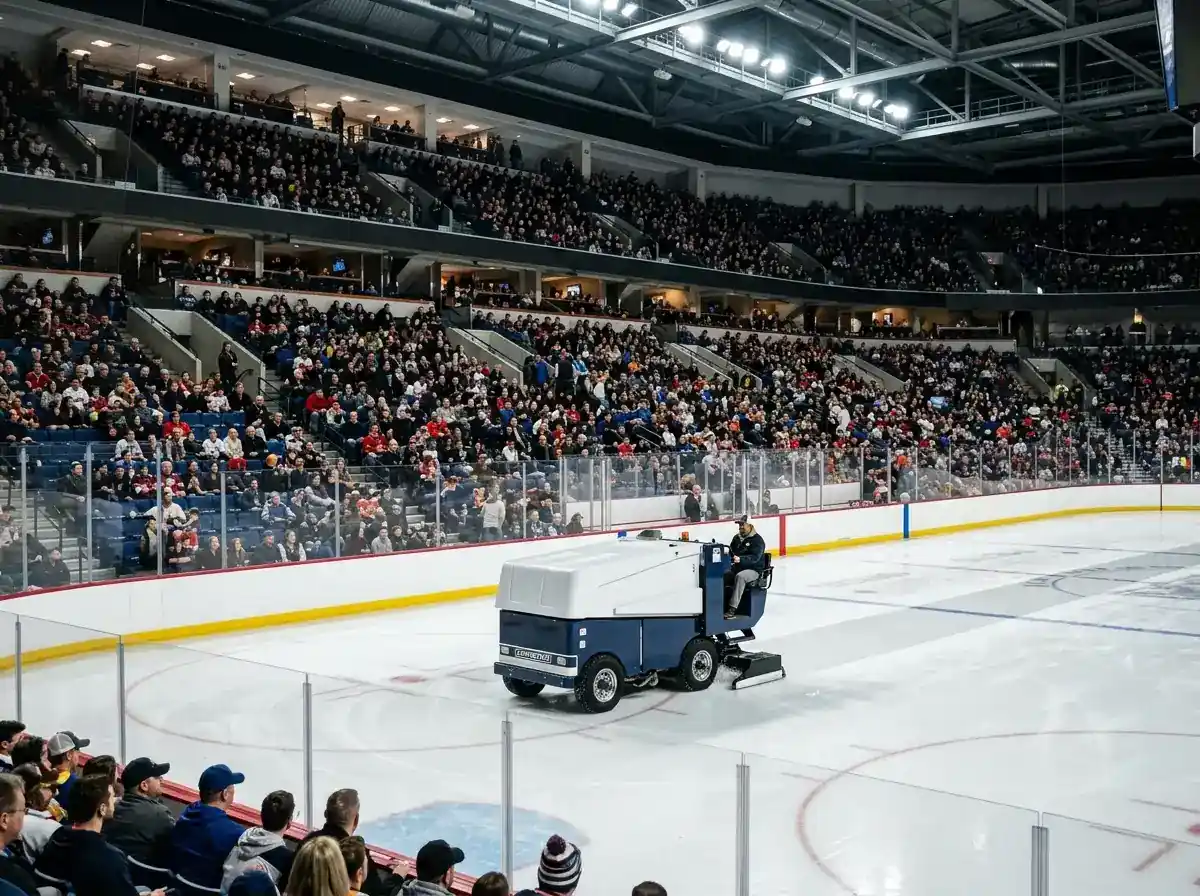 Hockey rink during intermission break with fans and ice resurfacing machine