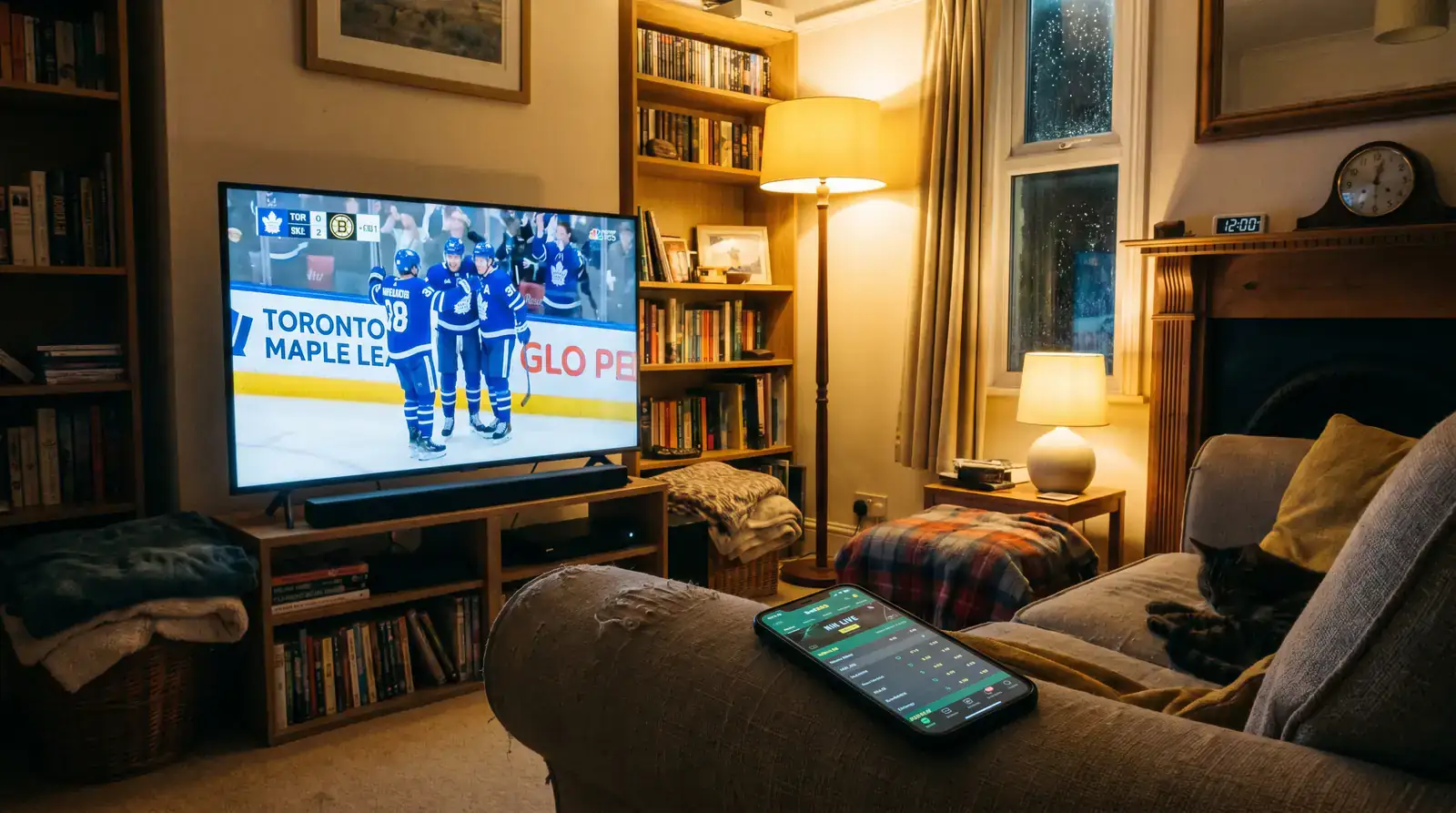 Living room at night with NHL game on television and phone showing betting app