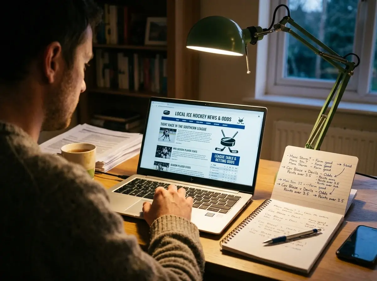 Person reading EIHL team news on a local sports website for betting research