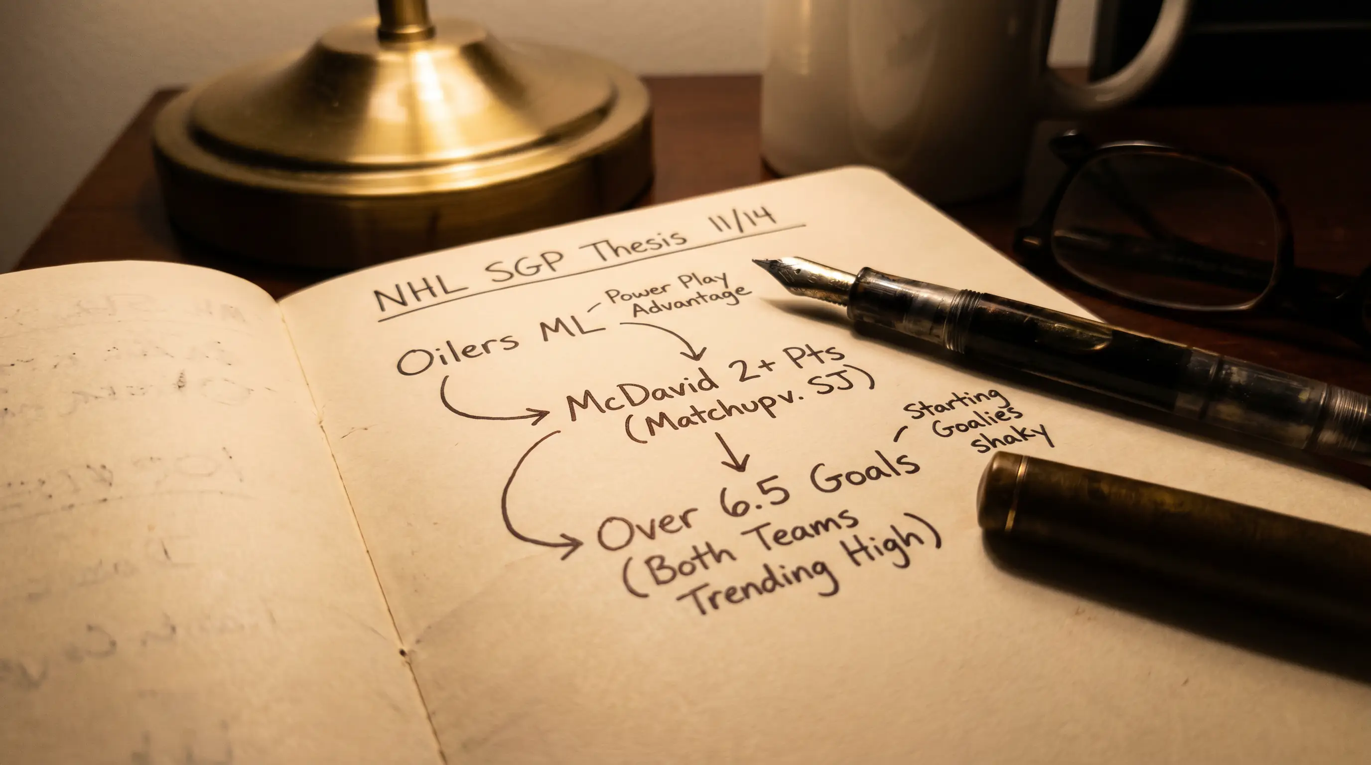 Notebook with NHL same-game parlay thesis written out connecting three legs