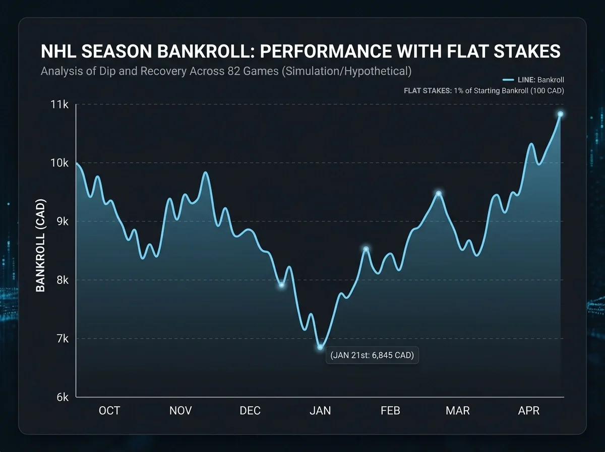 Line chart showing bankroll dip and recovery across an NHL season with flat stakes