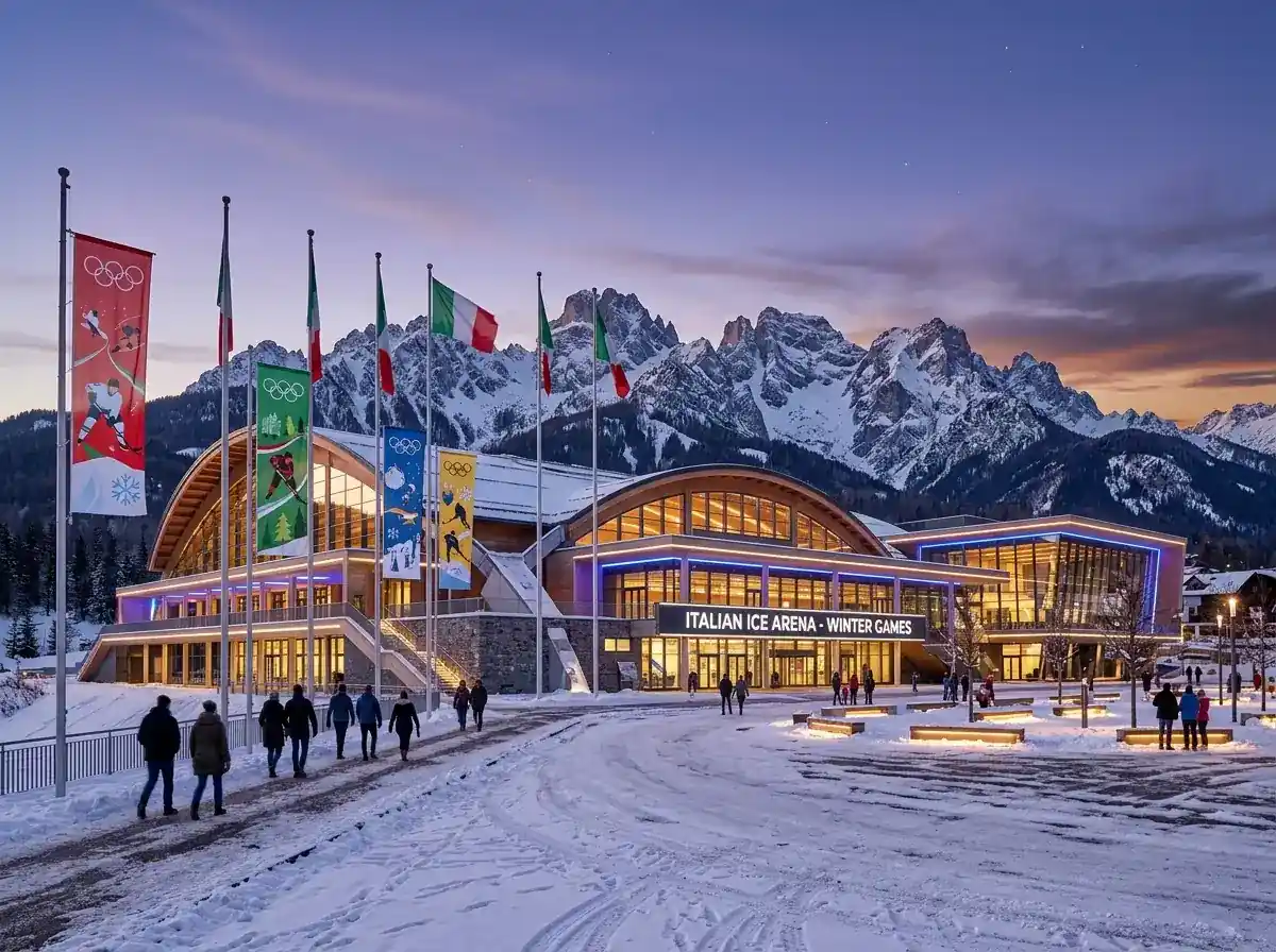 Italian Olympic hockey venue exterior representing the Milan Cortina 2026 tournament