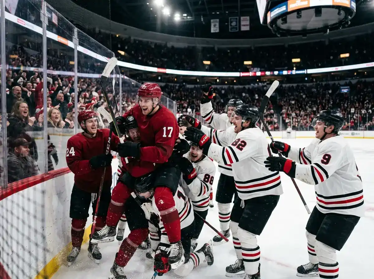 Ice hockey team celebrating a quick two-goal burst shifting momentum in a live game
