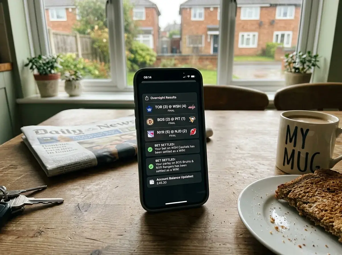 Phone on breakfast table showing overnight NHL results and bet settlements