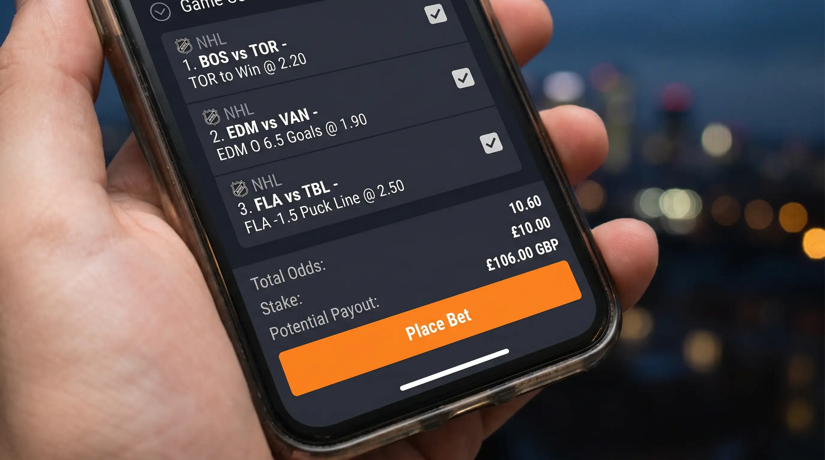 Smartphone screen showing a multi-leg NHL accumulator bet slip with decimal odds