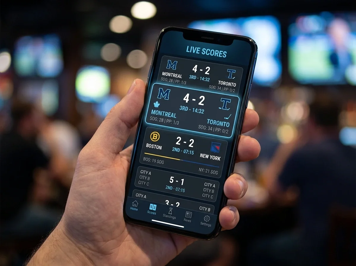 Official NHL app on smartphone showing real-time scores and game updates