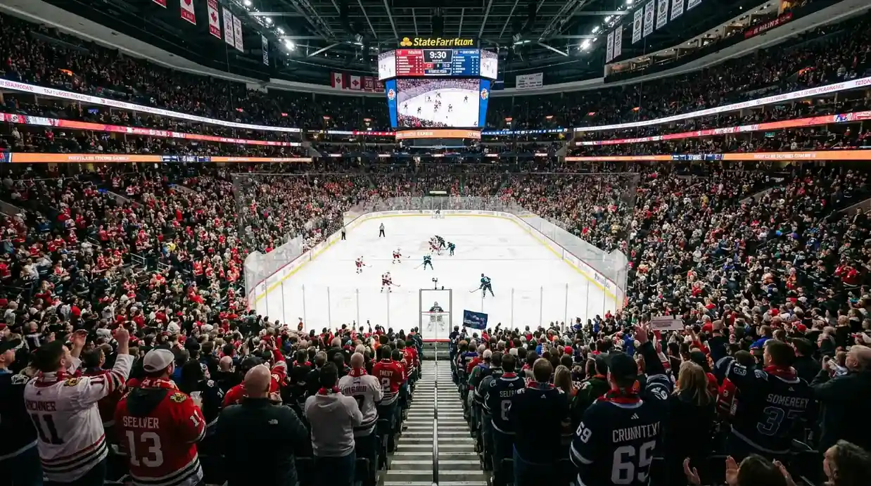 Packed NHL ice hockey arena with fans cheering under bright stadium lights during a regular-season game