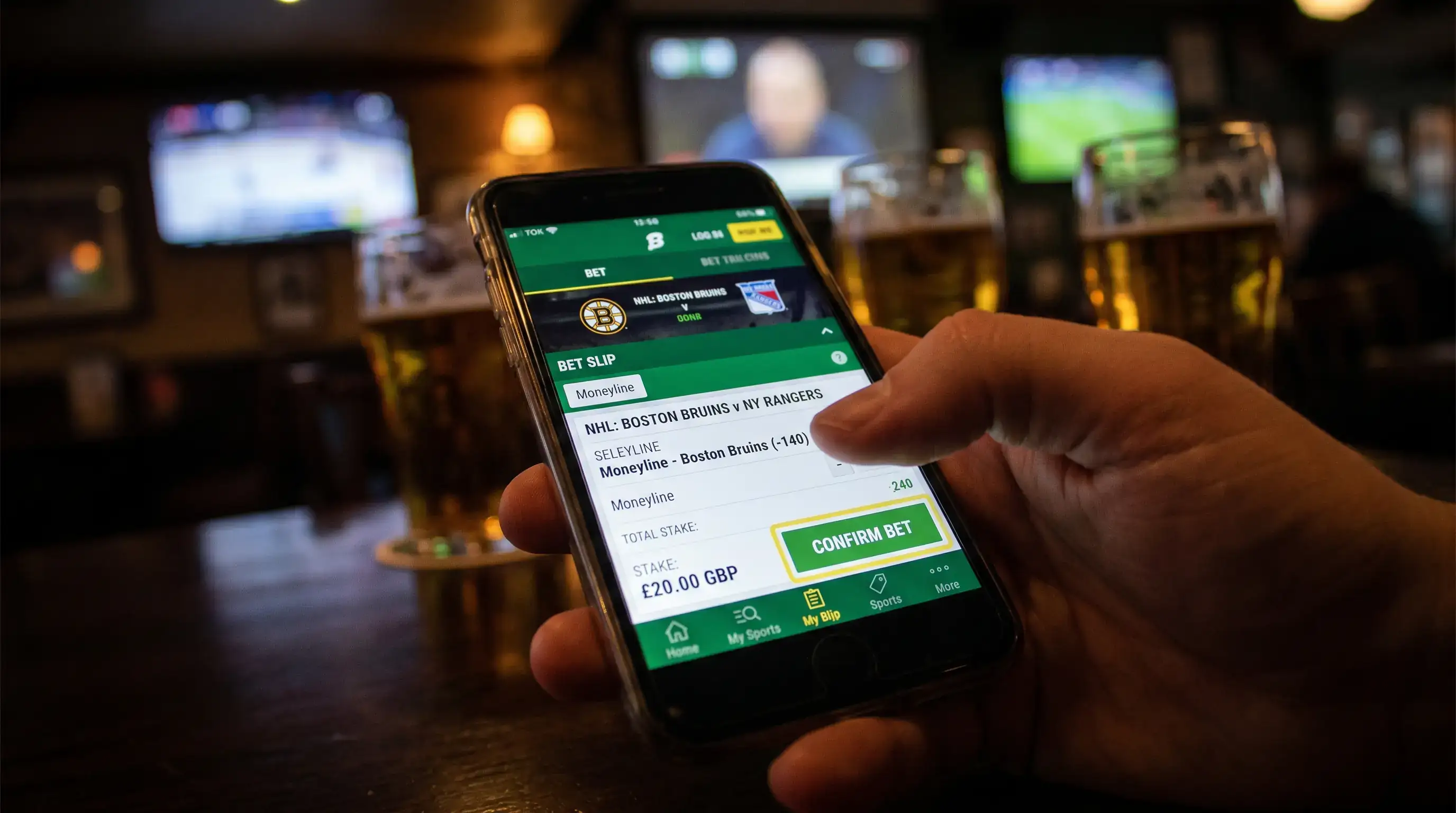 Mobile bet slip showing NHL moneyline selection with GBP stake ready to confirm
