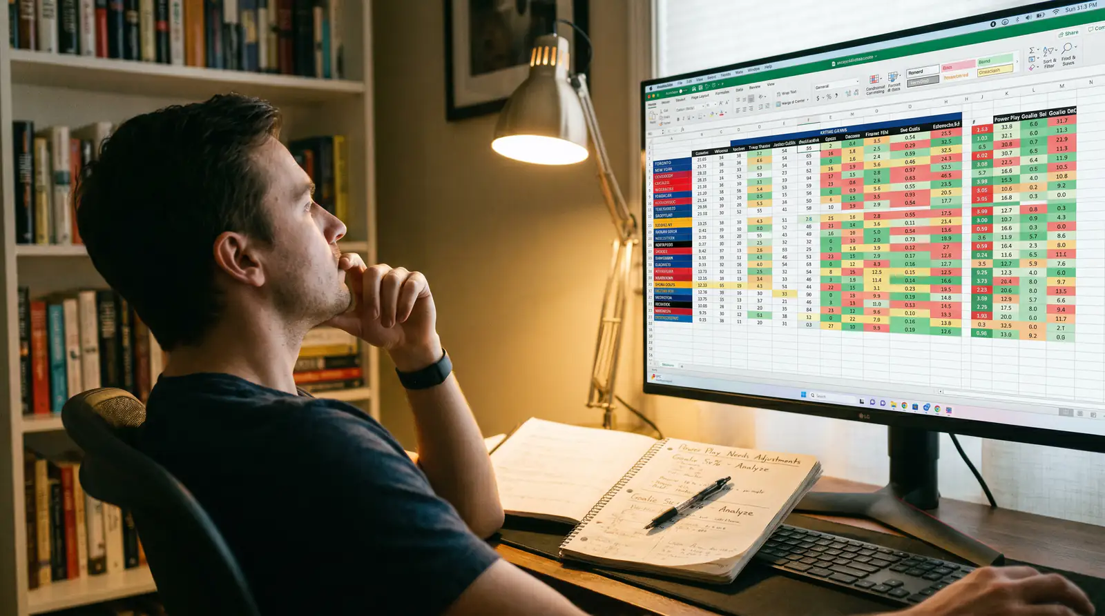 Person studying multiple NHL game statistics on a desktop screen with notes beside them