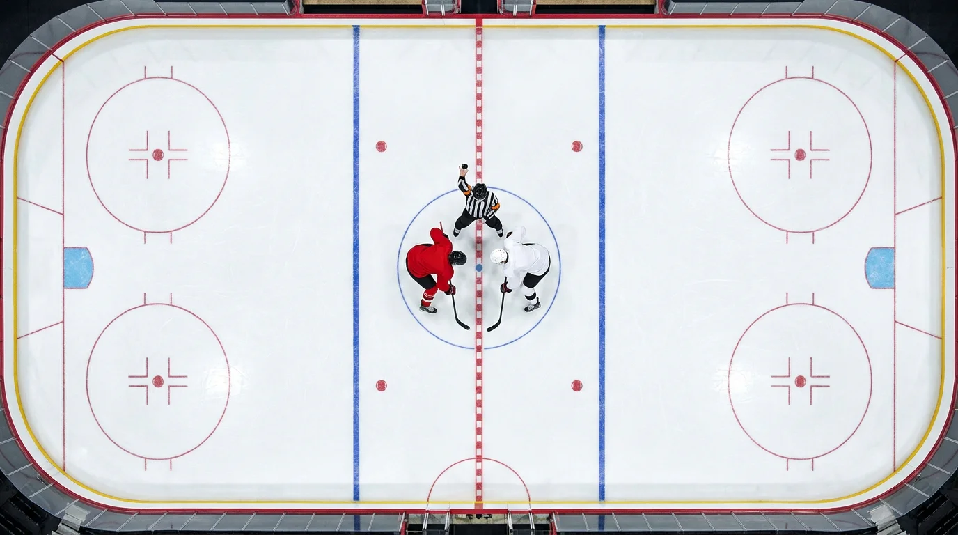 NHL ice hockey face-off at centre ice with two players ready to battle for the puck