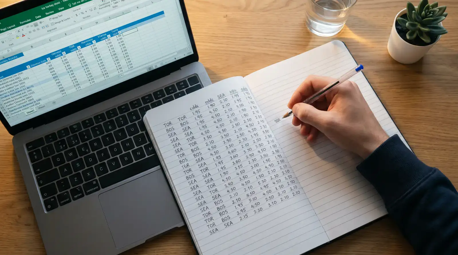 Person writing notes in a notebook next to a laptop showing ice hockey statistics and standings data