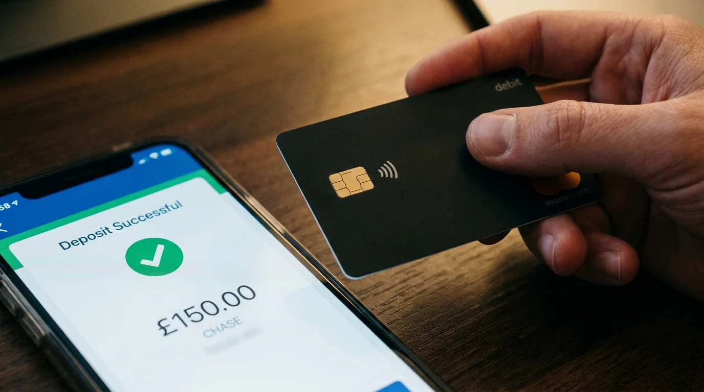 Debit card resting next to a smartphone showing a successful betting account deposit