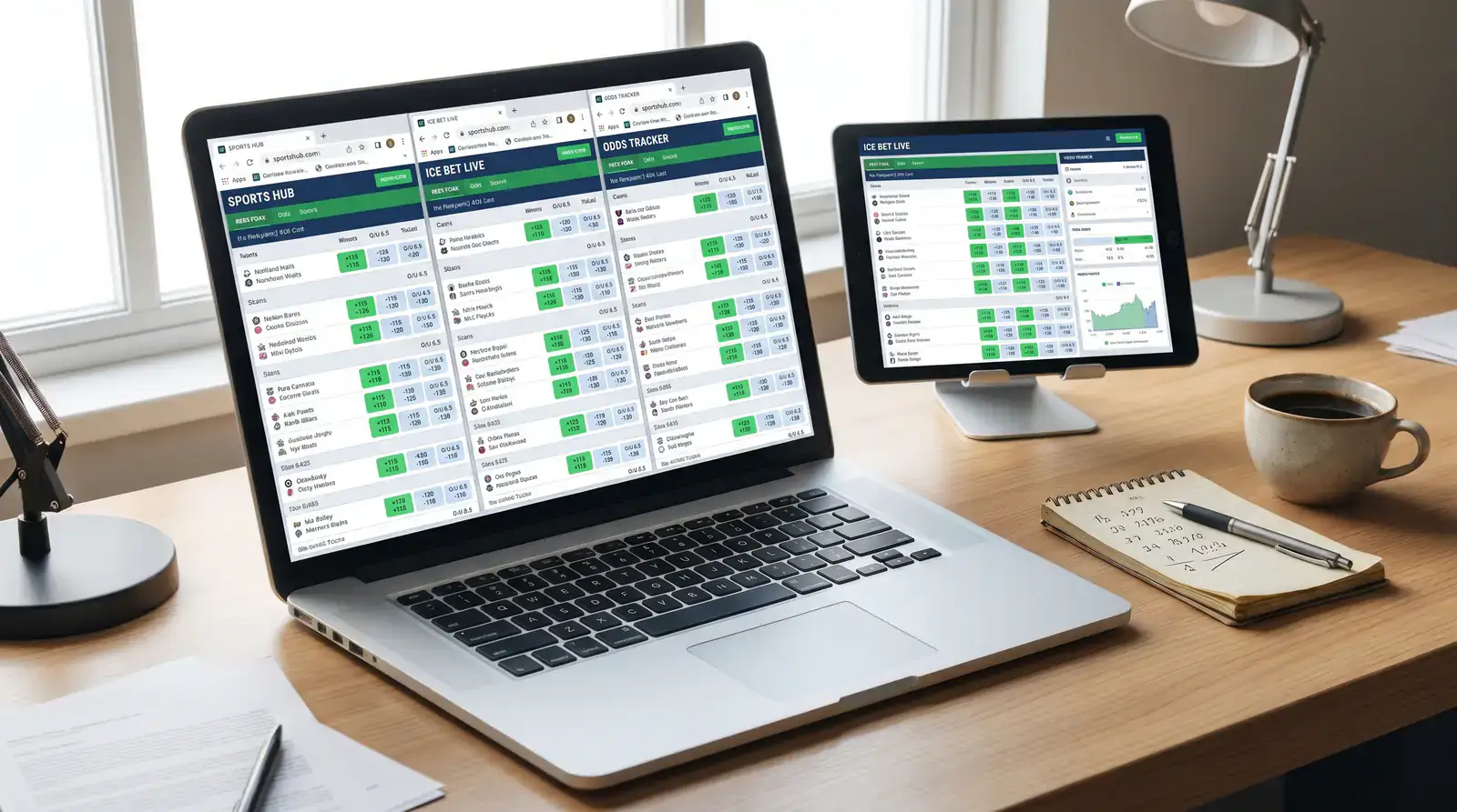 Laptop on a desk showing multiple open browser tabs comparing NHL ice hockey betting odds across different bookmaker websites
