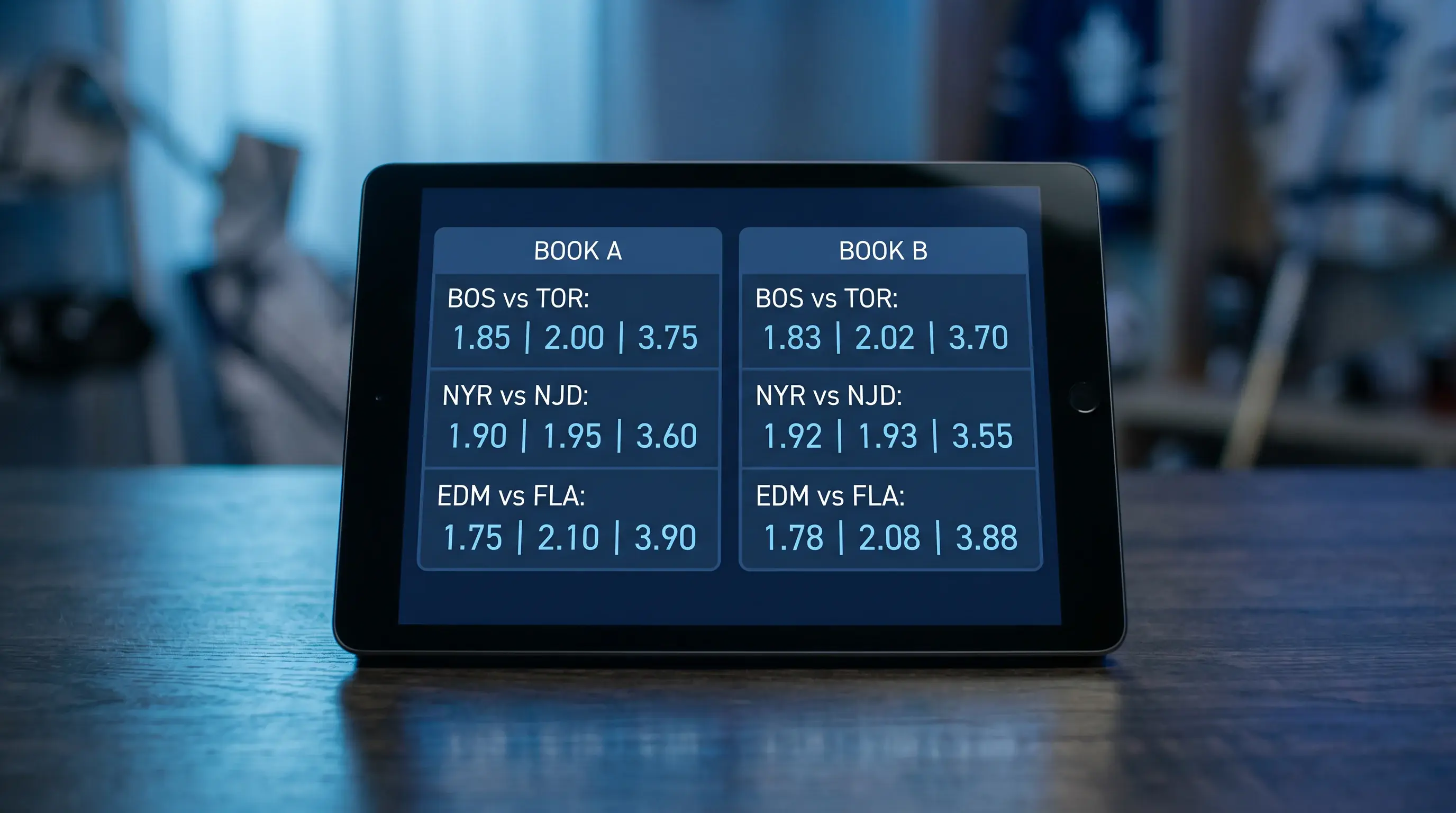 Detailed view of an NHL moneyline market showing tight odds spread between two teams