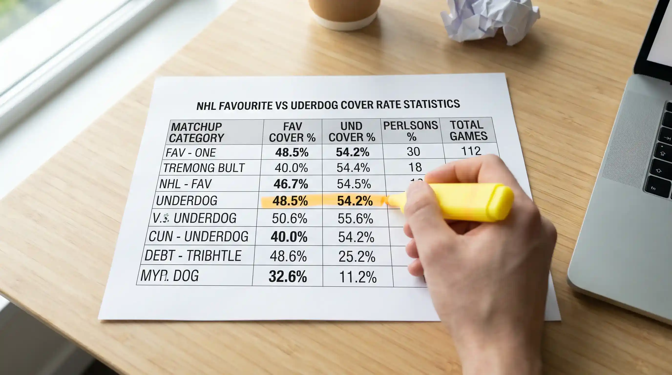 Data sheet comparing NHL favourite and underdog puck line cover rates