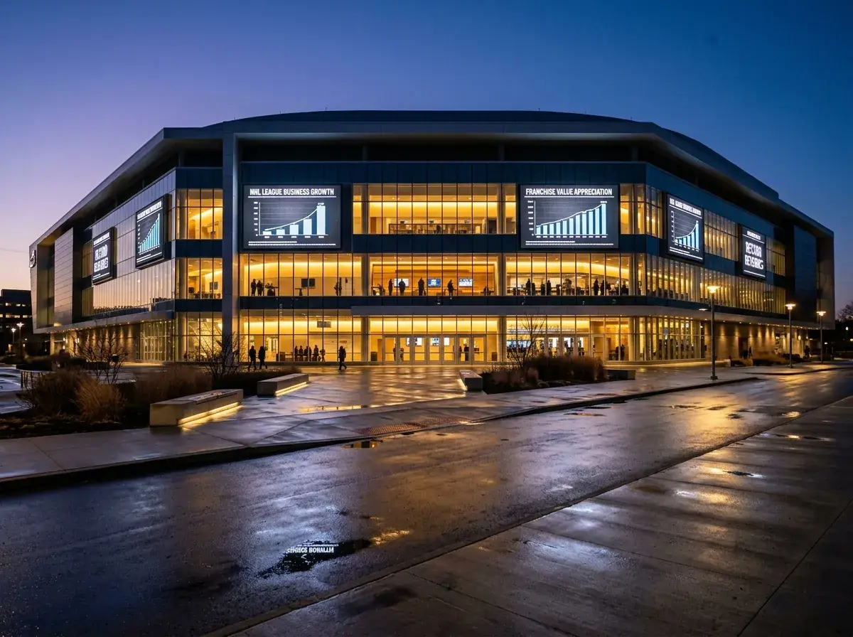 Modern hockey arena exterior at night highlighting NHL business growth